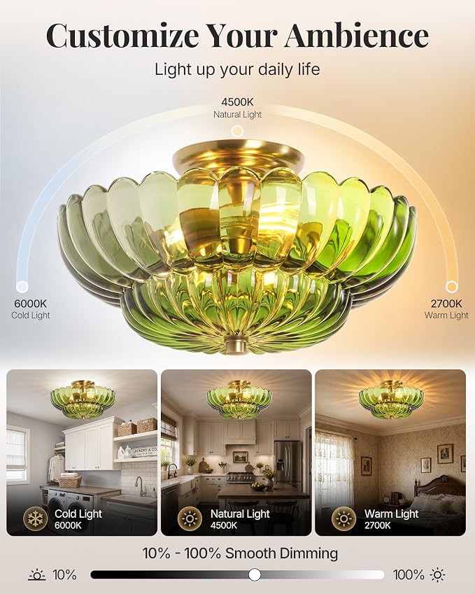 Semi Flush Mount Ceiling Light Fixture 14" Vinatge Gold Ceiling Lights Mid Century Modern Green Glass Close to Ceiling Lighting Fixtures for Bedroom Hallway Kitchen Laundry Room Bathroom