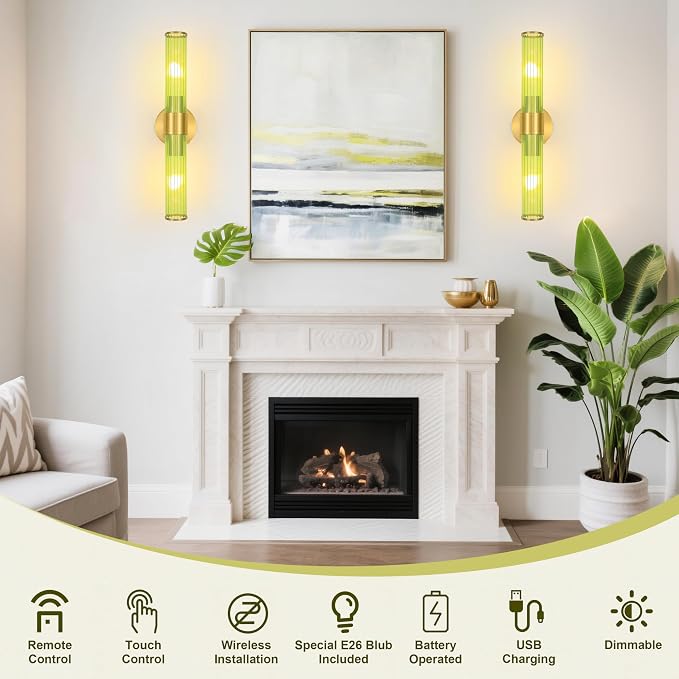 Morauroral Gold Battery Operated Wall Sconces Set of 2, Rechargeable Wall Lights with Remote Control, 20 Inch Modern Wireless Wall Lamp for Bedroom, Living Room with Green Shade (Bulbs Included)
