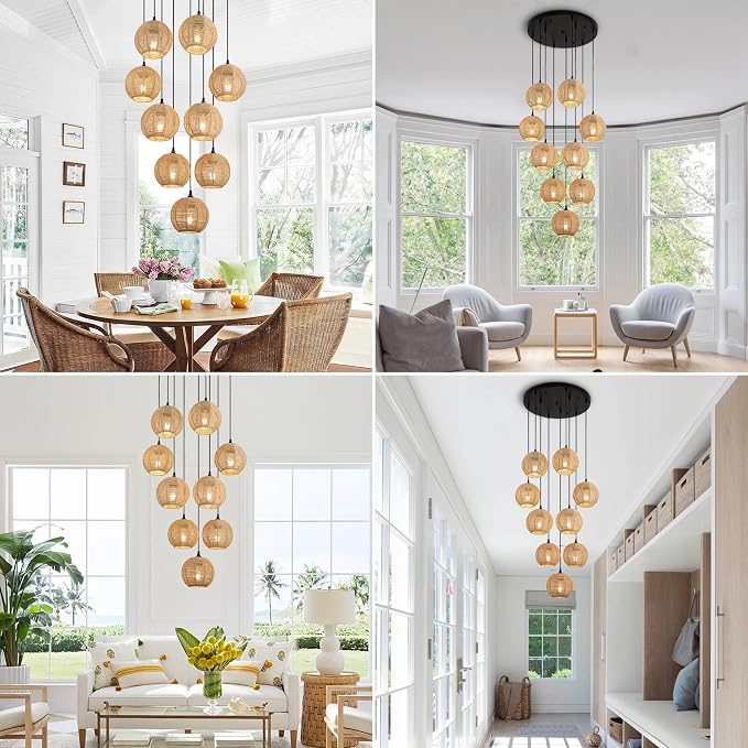 Round 9 Light Boho Pendant Light Rattan Hanging Lamp | Hand Woven Wicker Small Chandelier Hanging Lights Fixture for Bedroom Kitchen Hallway Foyer