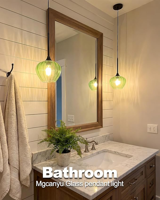 Green Pendant Lights Kitchen Island, 7.7" Vintage Glass Pendant Lighting Samll Adjustable Hanging Light Fixtures for Kitchen, Dining Room, Sink, Bathroom