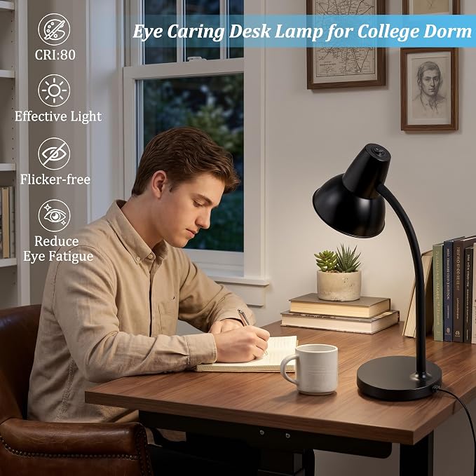 LED Desk Lamps for Home Office, Flexible Gooseneck Eye-Caring Study Lamps | Energy-Saving Desk Light, Anti-tip Heavy Duty Bedside Reading Light, Desk Lamps for College Dorm, Home Office, with 1.6m Cord