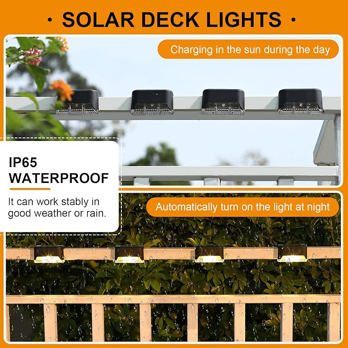 32 Pcs Solar Deck Lights Outdoor, Waterproof LED Solar Step Fence Lights for Stairs, Step, Railing, Patio, Driveway, Garden, Pathway and Yard (Black Shell Warm White Light)