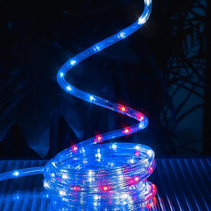 Waterproof LED Rope Lights, Connectable & Flexible with 8 Modes, Outdoor Lighting for Deck, Garden, Pool, Patio & Christmas Decor (Red/Blue/White, 50ft)