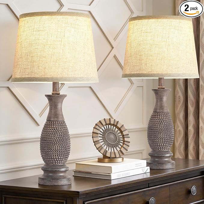 EJIAXIN Table Lamps Set of 2-21.6" Resin Farmhouse Bedside Lamps for Bedroom Living Room, Rustic Nightstand Bedroom Lamp with Rotary Switch for Night Stand End Table