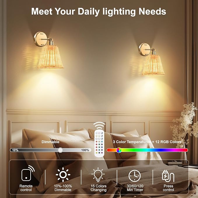 Frideko Rattan Rechargeable Wall Sconces Set of Two with Remote, RGB 15 Colors Dimmable Battery Operated Wall Lights, Indoor Wireless Wall Lamp with 3 Timer, Farmhouse Boho Sconce Light for Bedroom