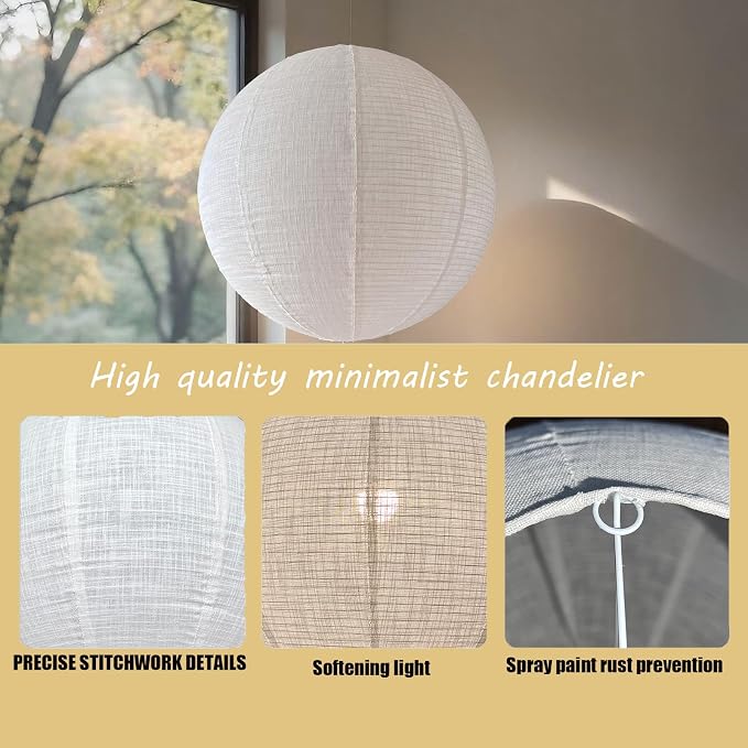 Linen Pendant Light Shade White 20INCH Round Hanging Lamp Shade | Can replace paper lantern light Handmade Minimalist Decorations Suitable for Living room Bedroom and kitchen