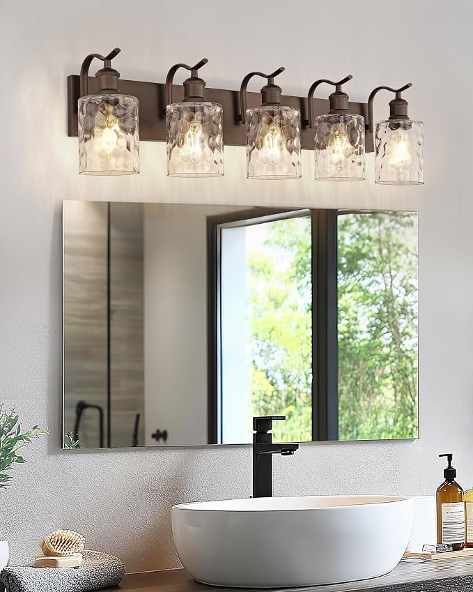 5-Light Bathroom Vanity Light,Hammered Glass,Oil Rubbed Bronze | 34.2 Inch Over Mirror Wall Light,E26 sockets,for bathroom mirror,powder room,dressing area