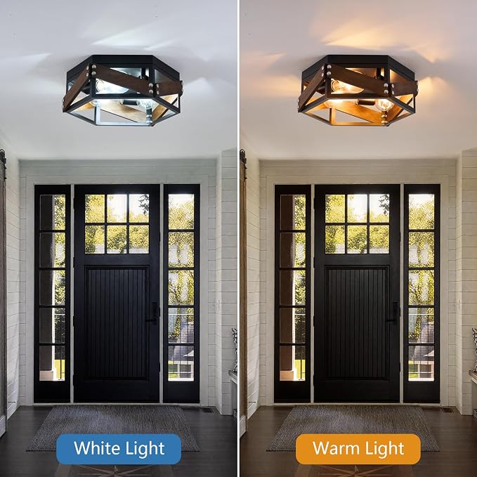 XSDeTu Farmhouse Flush Mount Ceiling Light, 3-Light Hallway Lights with Metal and Wood, Industrial Kitchen Light Fixtures Ceiling Mount, Rustic Black Chandelier for Bedroom Living Room Bathroom