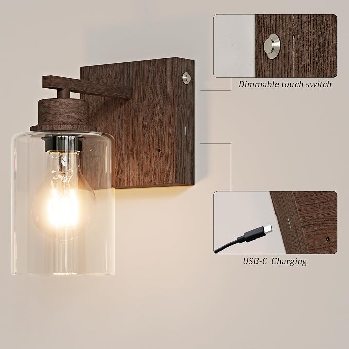 Rayogale Walnut Battery Operated Wall Sconce Set of Two with Remote Control | Dimmable Rechargeable Wall Lights with Timer, Easy Install Glass Lamp for Living Room Bedroom, Emergency 3000K