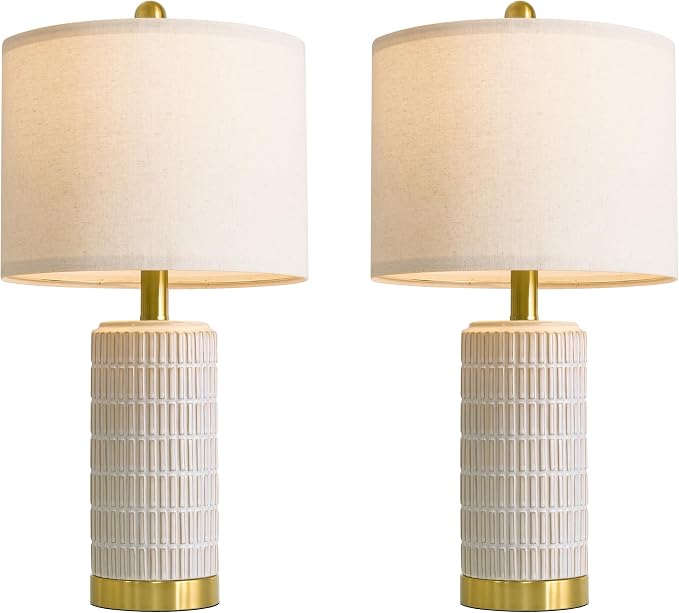 PoKat Ceramic Table Lamps Set of 2 for Bedroom Living Room, 21.5'' White | Bedside Lamps for Nightstands, Compact Size, Modern Design with Gold Base, Farmhouse Home Decor for Living Room End Table