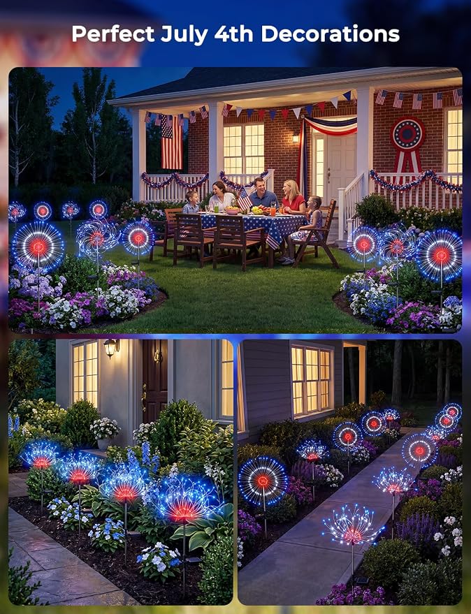 Red White Blue Solar Lights Outdoor, 4th of July Decorations, 2 Pack 150LED Solar Firework Patriotic Decor, Fourth of July Fairy Lights with 8 Modes for Yard Garden Pathway Patio Independence Day | 8 Modes, Solar Firework Patriotic Decor, Fourth of Jul...
