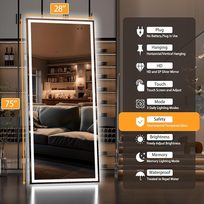 Hasipu Full Length Mirror with Lights, 75" x 28" LED Lighted Floor Standing, Full Body Dressing Hanging Mounted Mirror, Tempered Glass, Square Black
