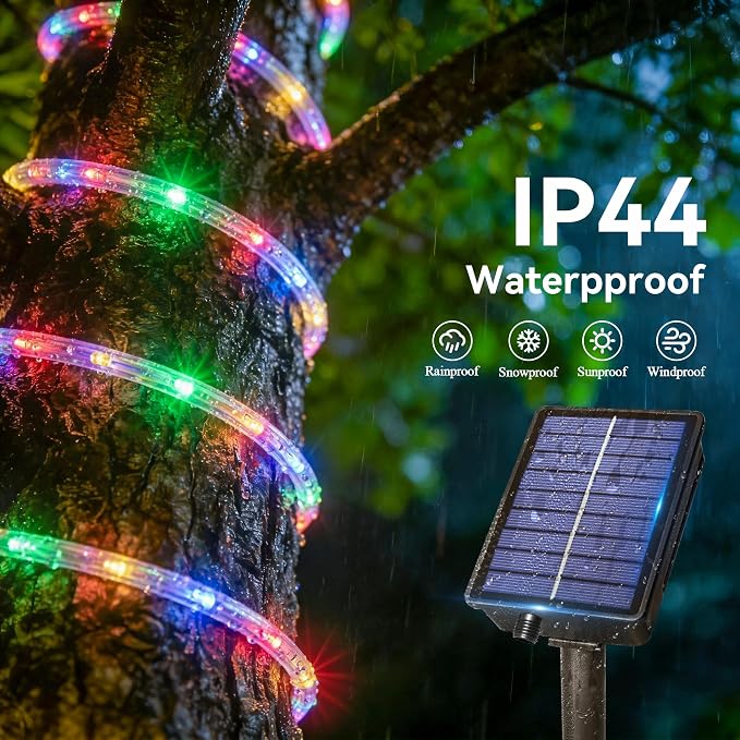 Ollny Solar Rope Lights Outdoor, 2 Pack Total 66FT 200 LED Multicolor String Lights with Remote, 8 Modes Waterproof Timer Tube Light for Tree Holiday Party Wedding Decor