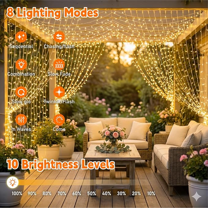 Curtain String Light, 300LED 9.8x9.8ft, Remote & 8 Modes, USB | Window Wall Hanging String Lights, For Bedroom, Wedding, Party, Home, Garden and Indoor Decorations, Warm White