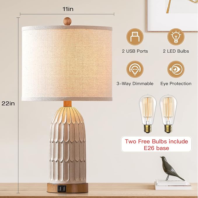 Farmhouse Table Lamps Set of 2,Nightstand Bedside Lamps for Bedroom | 3-Way Dimmable Touch Control,2 USB Charging Ports,Boho,White, Vintage, LED Bulbs Included, Living Room,End Table