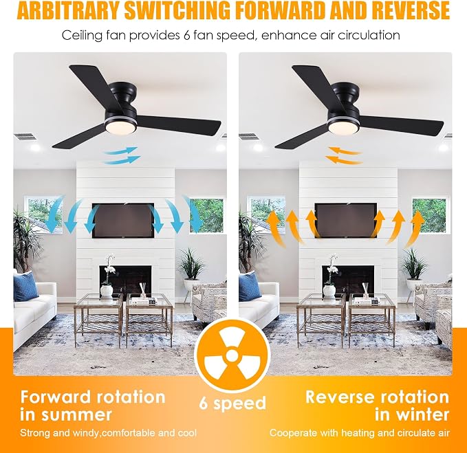 46" 3-Blade Black Low Profile RGB Ceiling Fan with Light and Remote/APP | 11 RGB Modes,Reversible 6 Wind Speeds,Dimmable 3 CCT LED, 25W Quiet DC Motor,Timer,3 Double-Sided Blades,for Bedroom Party