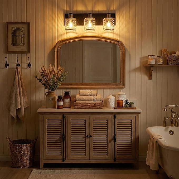 3 Lights Bathroom Light Fixtures Brushed Nickel Vanity Lights 3 Lights Farmhouse Bathroom Vanity Light Vintage Design Wall Sconces Lighting for Mirror Attic Corridor Cellar Wall Lamps