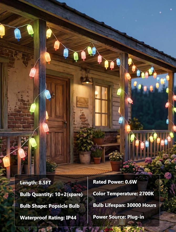 Tropical Beach Themed LED Popsicle String Lights 8.5Ft Summer Novelty Decorations Light with 10 Multicolor Ice Cream Lights, Plug in Fairy Light for Outdoor Patio Garden Bedroom Tent Birthday Party