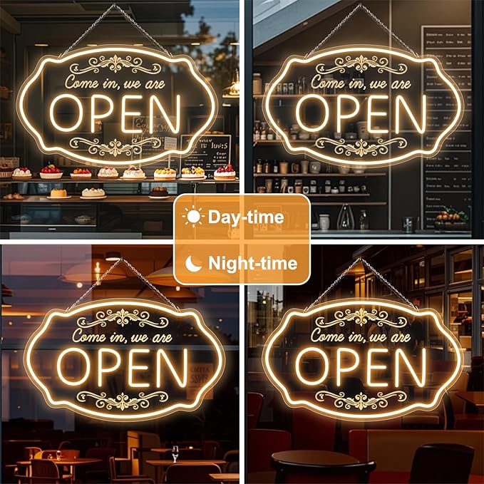 LED Neon Open Sign for Business, 23.5x14'' Come in We’re Open Sign, Warm White Adjustable Brightness Neon Lights for Party, Bar,Salon, Stores, Hotel, Wall Decor, Clubs, Hotels