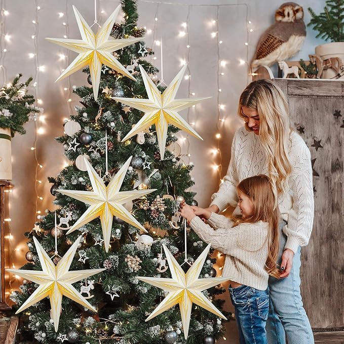SUNBEAUTY 7-Pointed 12Inch Hollow Out Paper Star Lanterns White Christmas Lanterns Hanging Lamp Paper Decorations Shade Wedding Birthday Christmas Home Party Decorations