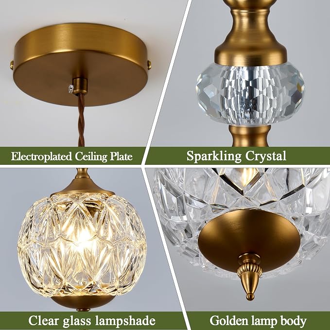 Piepooye Vintage Gold Glass Pendant Light for Kitchen Island | Antique Brushed Gold Chandelier E26 Mini Adjustable Hanging Ceiling Light Farmhouse Dining Room Bedroom Foyer Entryway