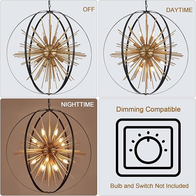 31.5" Black Gold Large Globe Sputnik Chandelier, 16-Light Mid Century Modern Industrial Starburst Golden Metal Satellite Light Fixture for High Ceiling Living Room Dining Room Foyer, E12