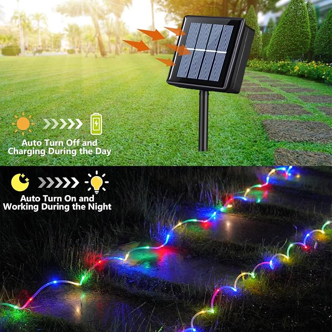 QITONG Solar Rope Lights Outdoor, 66ft 200 LED Multicolor Solar Tube Lights, Trampoline Fairy Lights in Clear Thin Tube with 8 Modes