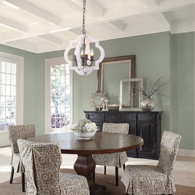 16" Farmhouse Chandelier Distressed White Wood Dining Room Light Fixture | Oak, Rustic Country Style, 4-Light Lantern Hanging Pendant Light For Foyer Entryway Kitchen Island Bedroom Stair Over Table