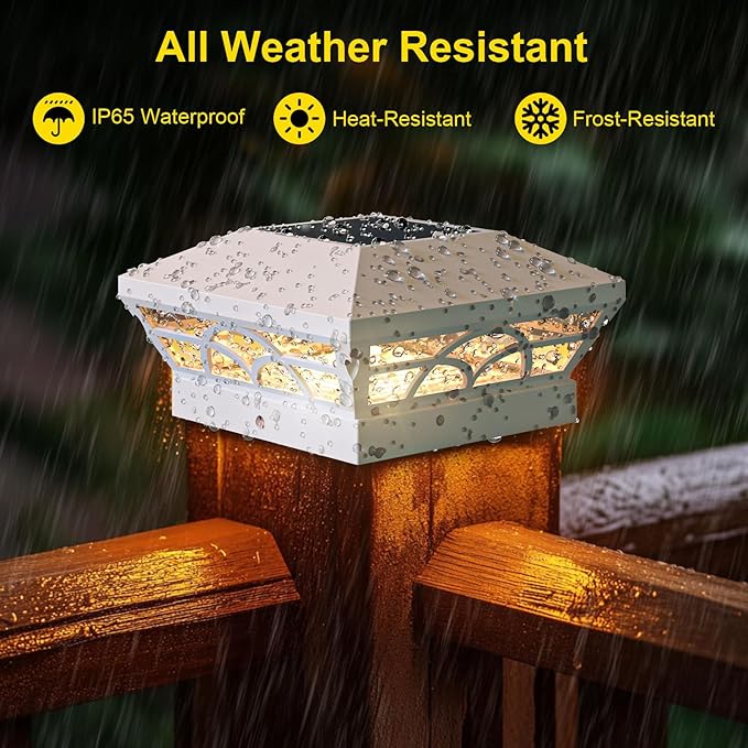 T-SUN Solar Post Cap Lights 6 Pack – Outdoor Waterproof Fence Lights for 3.5x3.5 4x4 5x5 5.5x5.5 Wood/Vinyl Posts, with 2 Brightness Modes Solar Deck Light for Patio, Garden, Porch(White)