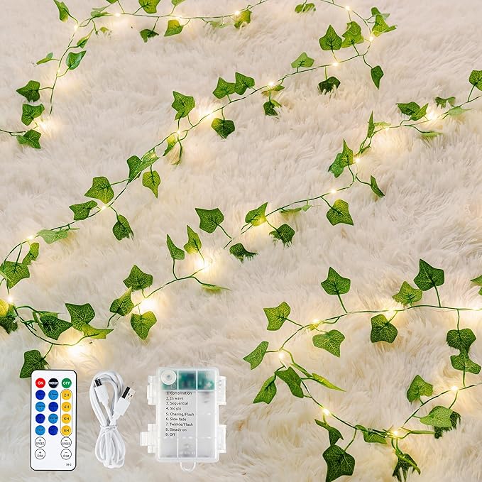 woohaha Vine with Fairy Lights,23ft 73LED Ivy String Light USB/Battery Operated with with Remote,Leaf Light for Bedroom, Room, Wall, Garden, Party, Wedding Decor (Warm White)