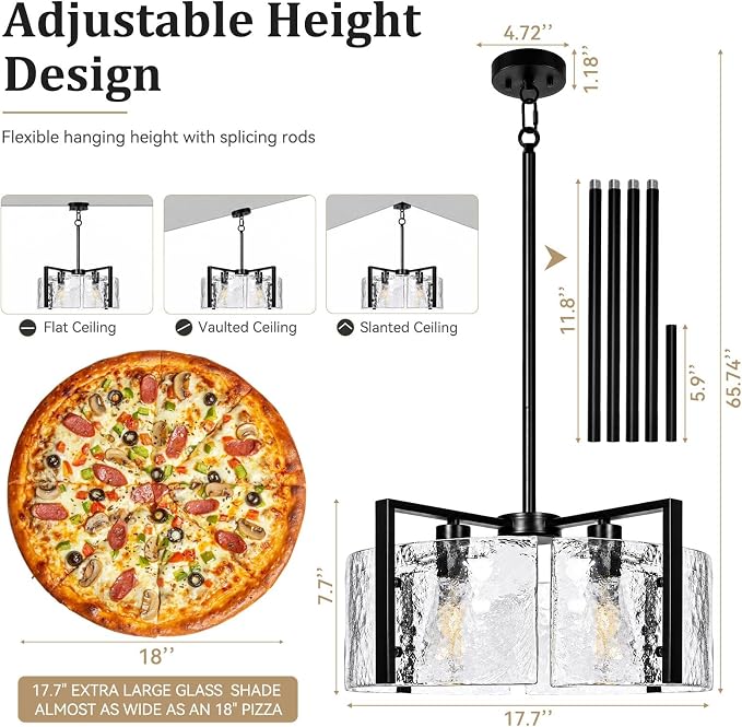 17.7 Inch Black Chandeliers for Dining Room, Adjustable Height | 4-Light Modern Farmhouse Entryway Light Fixture, Glass pendant Lights for Kitchen Island Foyer Bedroom Bathroom