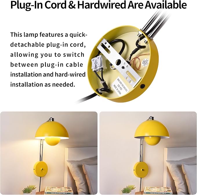 Mid-Century Modern Bud Plug in Wall Sconces for Bedroom, Lemon Yellow | Indirect lighting reading wall lamp, all-metal construction, plug-in or hardwired install, fits bedroom bedside, living room