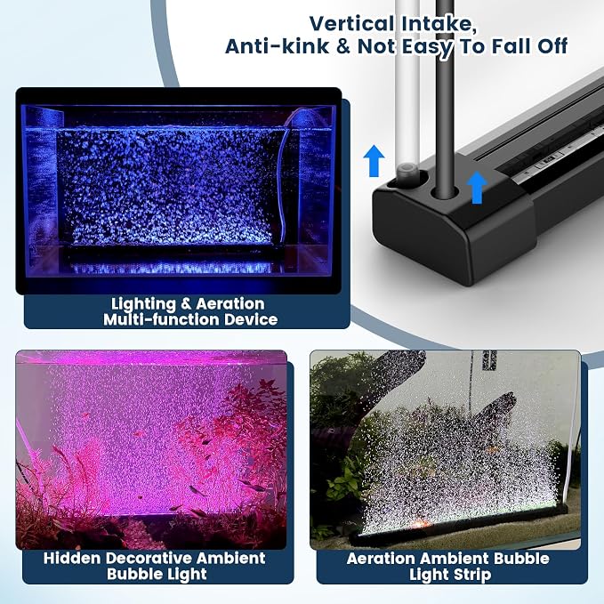 hygger Aquarium Bubble Bar with 24/7 LED Light, Quiet Fine Air Stone with Hose Check Valve, Adjustable Time Brightness Color Submersible Fish Tank Light, Air Diffuser Wall Decorations | Aeration Ambient Bubble Light Strip