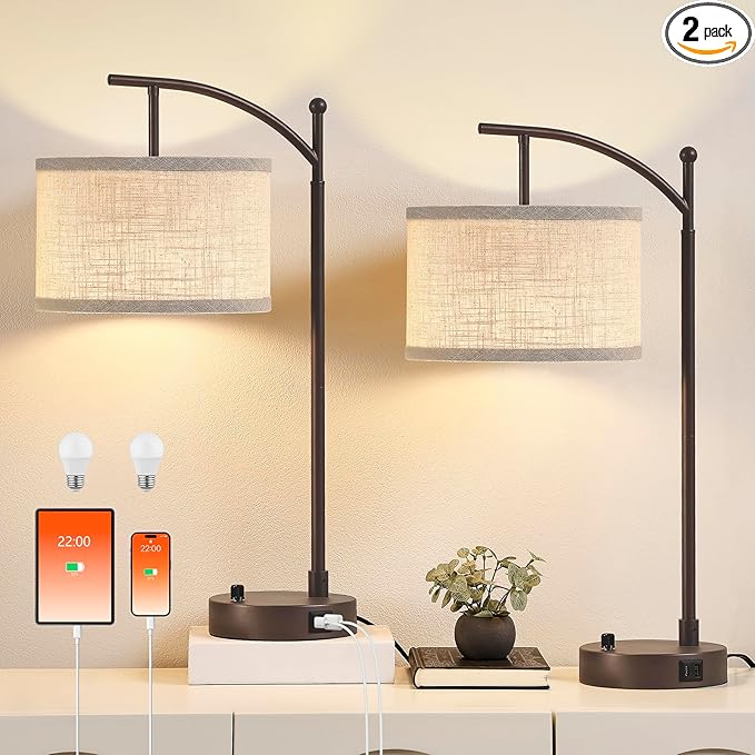 Table Lamp for Living Room Bedroom, 23.5" Table Lamps Set of 2 with USB C+A Ports, Bedside Lamps for Nightstand with Linen Lamp Shades, 2 Dimmable LED Bulbs Included, Brown