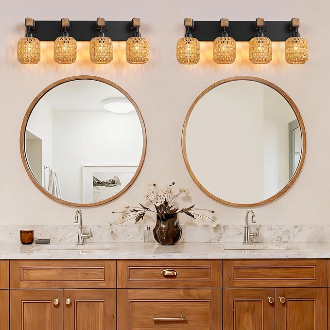 LmnLvn 4-Light Bathroom Vanity Light, Boho Farmhouse Rattan Handwoven Shade | Wood & Metal Frame, Rattan Vanity Light Design, Mounted Over Mirror, Easy To Install for Restroom, Bedroom & Hallway