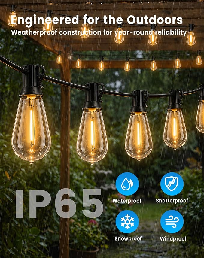 160FT(150+10) Outdoor String Lights, 2FT Spacing 75 LED Edison Bulbs, Waterproof, Shatterproof, Dimmable, Warm White, 3 Modes, Timer, Plug in Hanging Backyard Lights for Outside, Patio