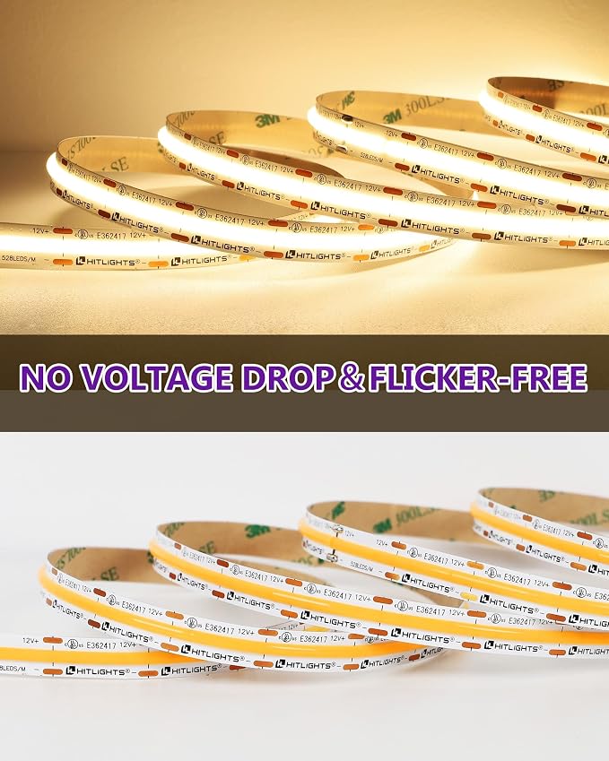 HitLights COB LED Strip Lights Warm White 3000K, 16.4ft 12V Tape, UL Listed | 2640 LEDs, 426 lm/ft, CRI 90+, IP30, High Density, Cuttable, Rope Lighting for Kitchen Cabinets, Power Source Not Included