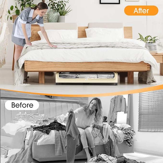 Under Bed Storage with Wheels 1Pack Storage Containers with Clear Window | Under Bed Drawers Rolling Under Bed Storage for Clothes,Shoes, Blankets (30.71 x 16.93 x 6.69 in, Beige)