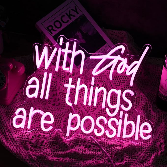 With God All Things Are Possible Neon Sign Beautiful Pink God Led Lights for Wall Decor Dimmable USB Powered Light up Sign 16.9 * 13 Inch Neon Light for Room Party Wedding Church Decor