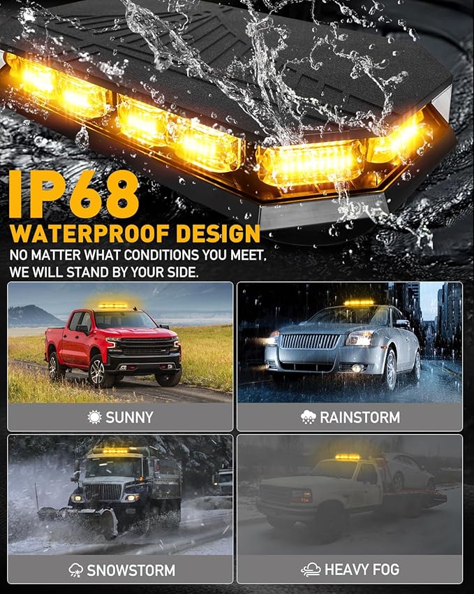 HLauto 406D Rooftop Emergency Strobe Lights Bar, 102 LED Amber Mini Beacon Safety Flashing Warning Traffic Lights Bar w/Magnetic Base for 12-24V Trucks, Construction Vehicles, Snowplow, Cars