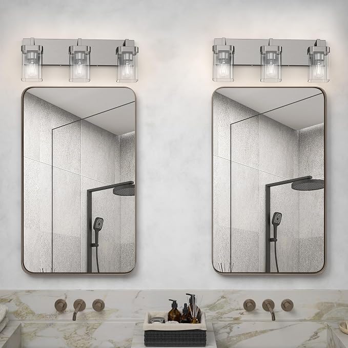 3-Light Bathroom Light Fixtures, Brushed Nickel Vanity Lights for Bathroom, Kitchen, Living Room, Modern Bathroom Vanity Lights with Clear Glass Shades