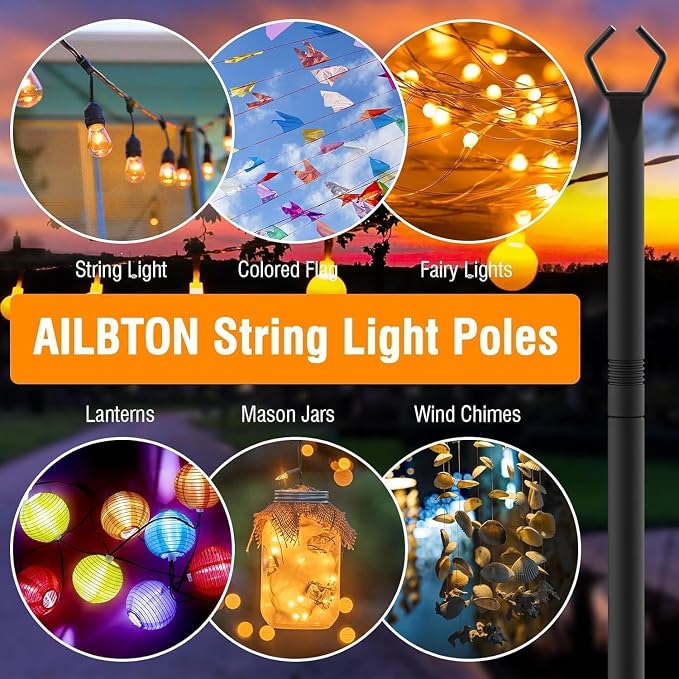 AILBTON 10Ft Exterior Light Poles 10 Pack, Durable Metal String Light Posts for Outdoor Use, Equipped with Fixed Brackets for Yard, Terrace, Backyard and Garden Lighting Decor