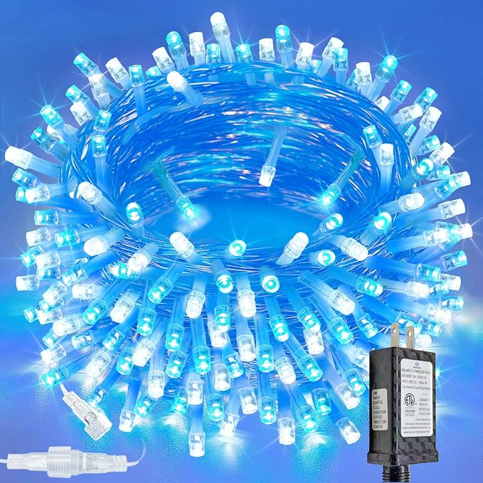 200 LED Connectable String Lights, 66FT Christmas Lights Outdoor Indoor | Blue & White, 13 Modes, Timer, Clear Wire Waterproof Twinkle Fairy Lights Plug in for Bedroom Classroom Patio Xmas Tree Decor