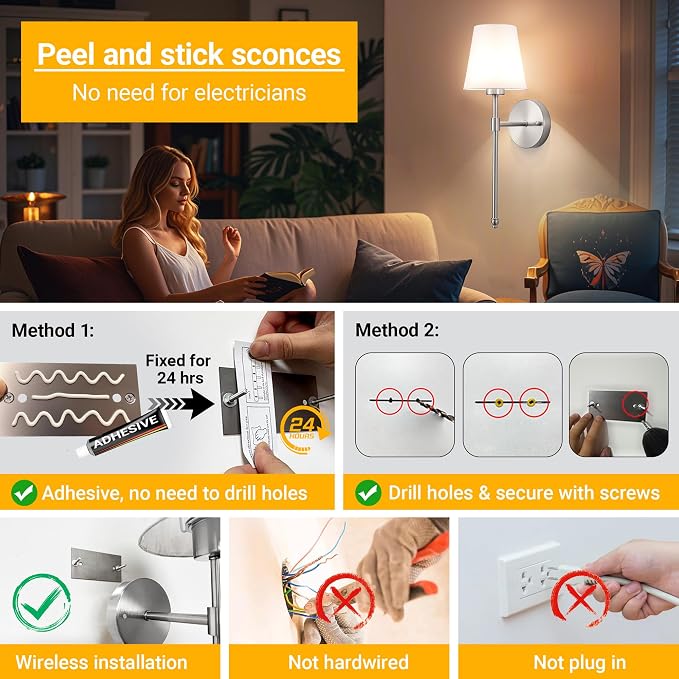Vimhou Peel and Stick Wall Sconces, Stick On Wall Sconce Set of 2, Battery Operated Wireless Wall Light, No Drill Adhesive Wall Lamp, Corn Bulb with 10000mAh Rechargeable Battery, Bedroom Wall Decor