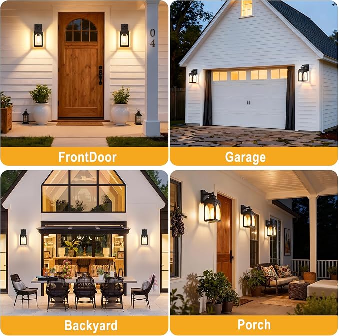 EJIAXIN 2 Pack Dusk to Dawn Outdoor Lighting, Matt Black Porch Lights | Waterproof Metal Construction,Rust-resistant,Clear Glass Shades,Quick Installation,Outside Lights for Doorway,Garage,Patio