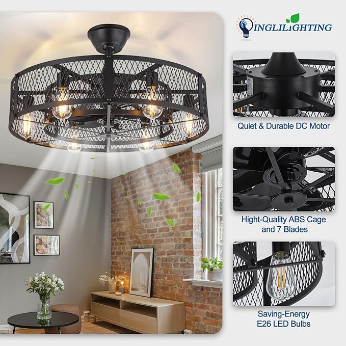 DLLT Caged Ceiling Fan with Lights: 26" Bladeless Fandelier Ceiling Fans with Light and Remote - Black Industrial Chandelier Enclosed Fan Light for Bedroon Living Dining Room Kitchen