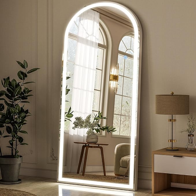 Arched LED Full Length Mirror - 65"x26" Full Body Standing Mirrors | Floor Mirror with Light, Shatterproof Tempered Glass-Dimmable & 3 Color Lighting/Wall Mounted Mirror for Bedroom/Cloakroom