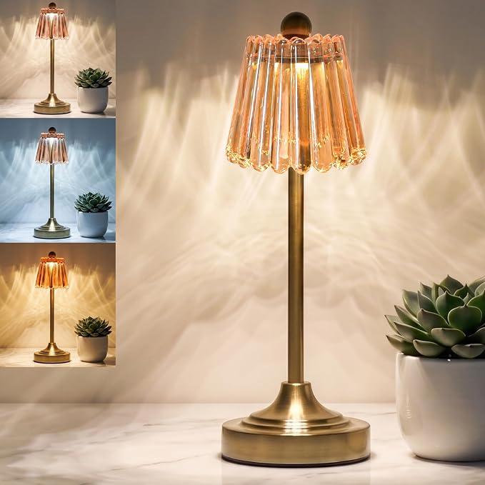 Small Vintage Cordless Table Lamp, Green Glass Shade, 3 Color Dimming,LED Touch Accent Lamp for Bedroom, Nightstand, Living Room, Kitchen(Amber)