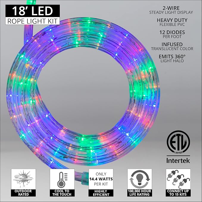 Wintergreen Lighting 18' LED Multi Color Rope Light, Flexible Light Rope String Light Outdoor – Bedroom LED Light Rope, 120V, ½ Inch, 2-Wire