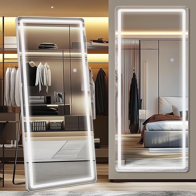 Antok LED Full Length Mirror with Light, 71"x32" Lighted Full Body Mirror with Stand, Dimmable & 3 Color Lighting Standing/Leaning/Wall Mounted Vanity Mirror for Bedroom Cloakroom Livingroom(Rect)